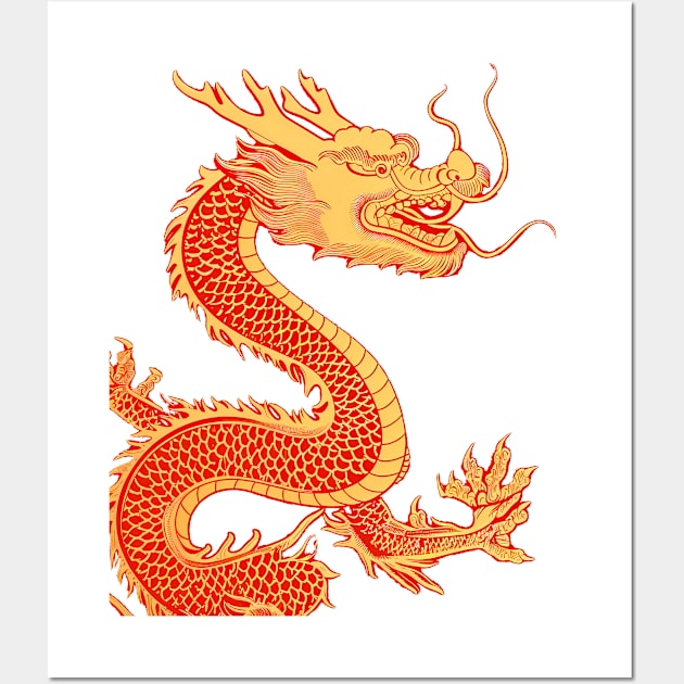 Chinese Golden Dragon on a Lucky Red Background: Chinese New Year, Year of the Dragon on a light (Knocked Out) background Wall Art by Puff Sumo